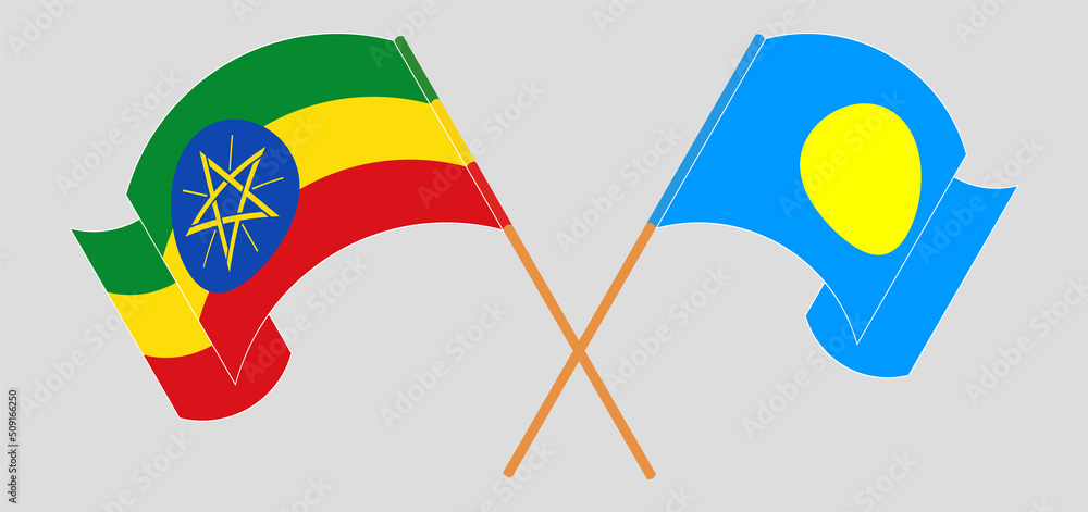Crossed and waving flags of Ethiopia and Palau Crossed and waving flags of Ethiopia and Palau