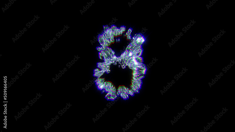 glitch font of jewels with chromatic aberrations - number 8, isolated - object 3D illustration