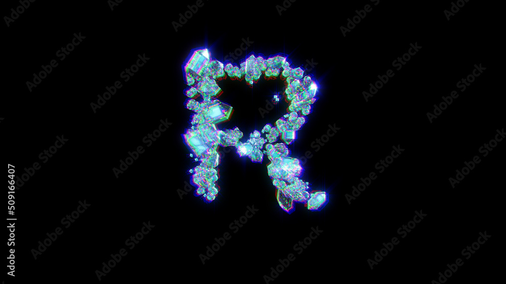 glitchy alphabet of gem stones with chromatic aberrations - letter R, isolated - object 3D rendering