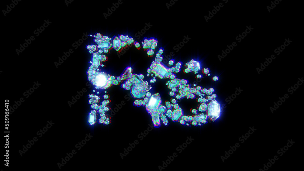 glitchy font of gemstones with chromatic aberrance - rupee symbol, isolated - object 3D illustration
