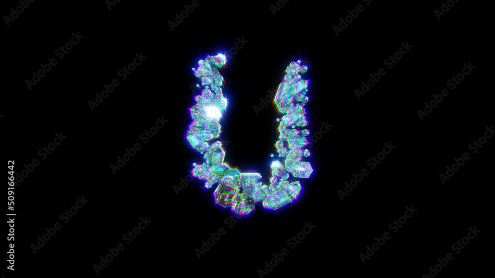 distortion font of jewels with chromatic aberrance - letter U, isolated - object 3D rendering