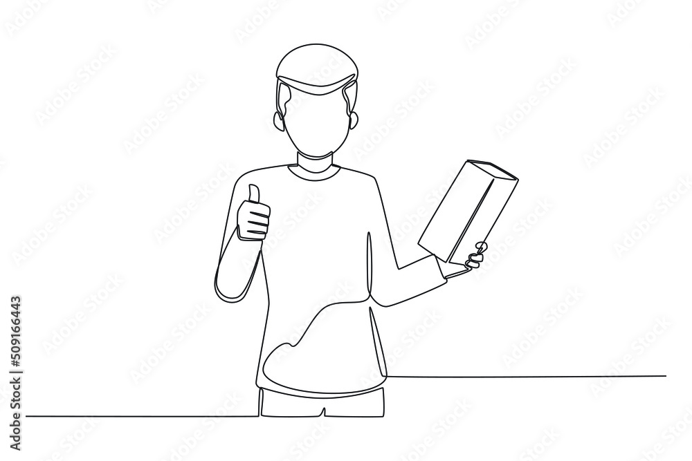 Continuous one line drawing happy young young people give a thumbs up when they receive a package. Flash sale and Discount concept. Single line draw design vector graphic illustration. Continuous one line drawing happy young young people give a thumbs up when they receive a package. Flash sale and Discount concept. Single line draw design vector graphic illustration.