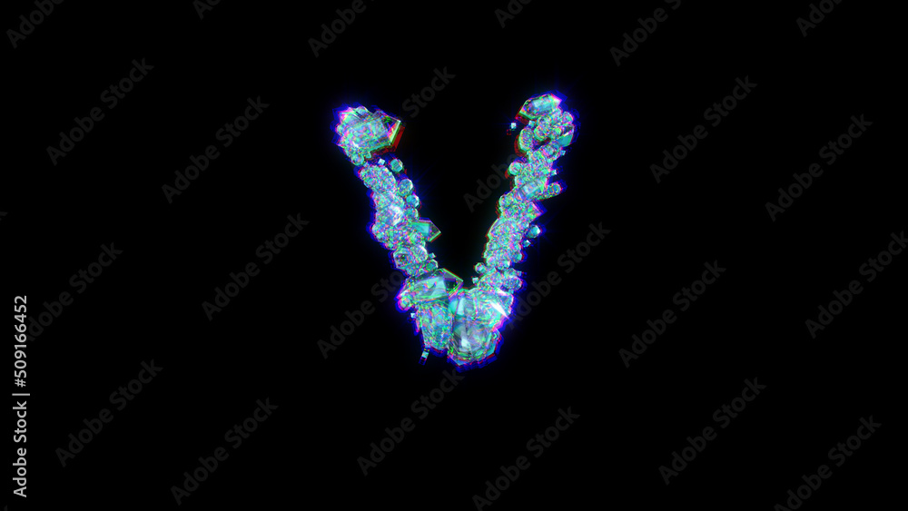 glitchy font of gemstones with chromatic aberrance - letter V, isolated - object 3D rendering glitchy font of gemstones with chromatic aberrance - letter V, isolated - object 3D rendering
