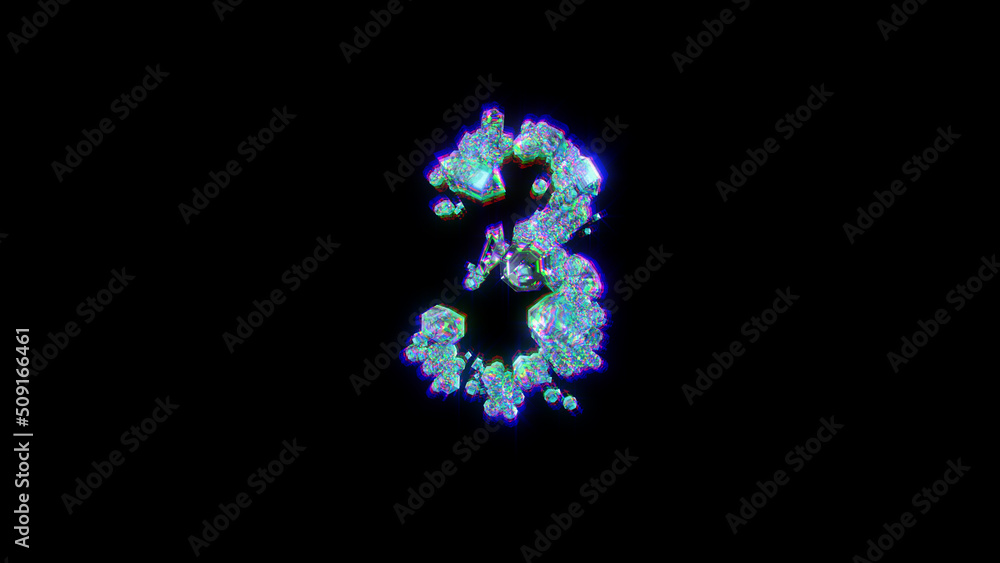 glitchy font of jewels with chromatic aberrance - number 3, isolated - object 3D illustration