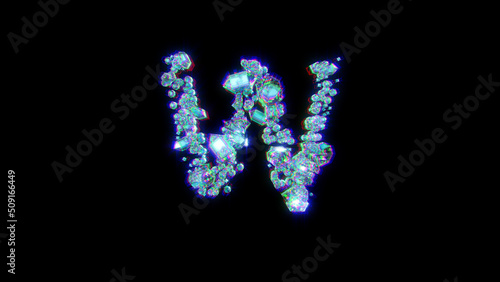 dichroic font of gems with chromatic aberrance - letter W, isolated - object 3D rendering