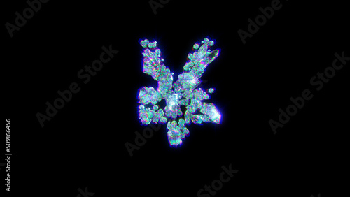 glitchy font of gems with chromatic aberrations - yen symbol, isolated - object 3D rendering
