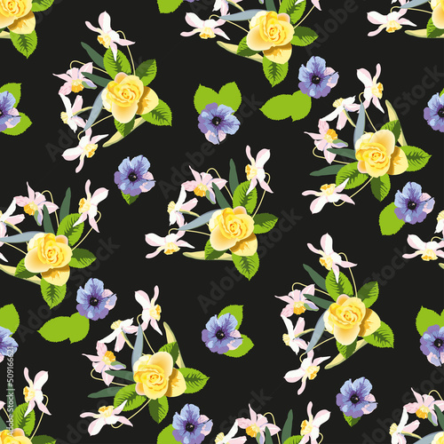 Vector seamless floral pattern on a brown background with a yellow rose and daffodils and blue petunia flowers, for fabric design, wallpaper, wrapping paper. Spring flowers.