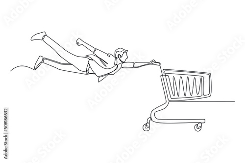 Continuous one line drawing happy young boy flying and holding a cart at shopping. Flash sale and Discount concept. Single line draw design vector graphic illustration.