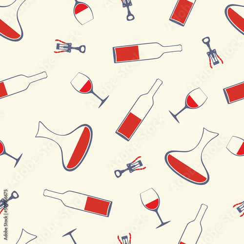 Wine accessories seamless pattern. Wineglass. Wine bottle. Glassware. Corkscrew. Decanter. Sommelier. Winery. Winemaking. Silhouettes flat vector illustration. Isolated. Drinking alcohol. 
