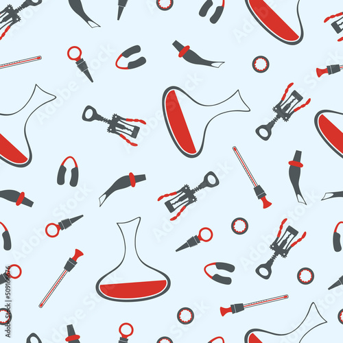 Wine accessories seamless pattern set, silhouettes flat vector illustration. Isolated. Measuring temperature wine , uncorking, oxygenating, correctly pouring wine. Sommelier. Corkscrew. Decanter.  