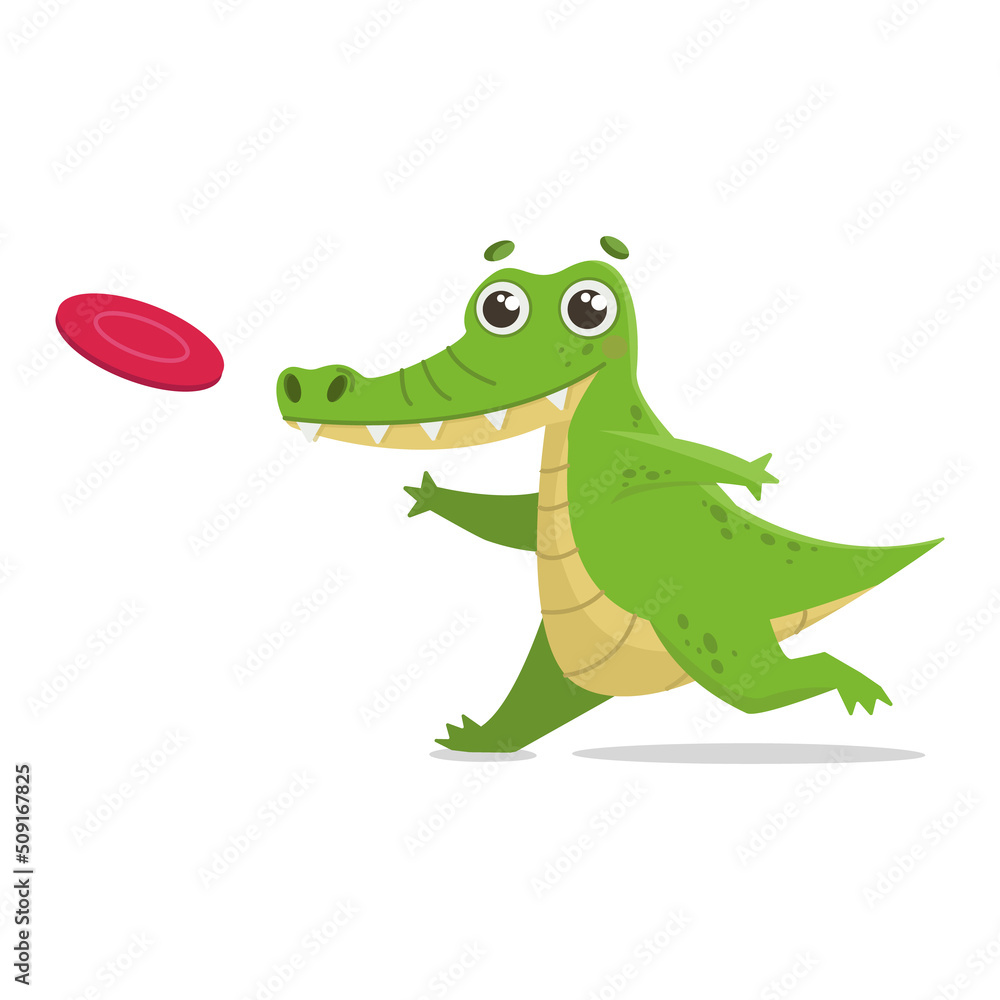 Fototapeta premium Crocodile runs and plays with frisbee. Vector graphic.