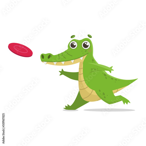Crocodile runs and plays with frisbee. Vector graphic.