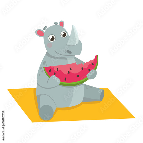 Rhino sits on a blanket or towel, and eats a watermelon. Vector graphic.