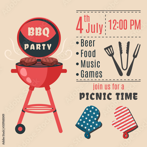 BBQ invitation 4th of July. Holiday card for American independence day. Poster, banner, flyer template for barbecue party and summer picnic. Vector illustration with brazier, steaks, meat food