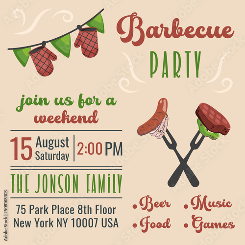 Barbecue party invitation. BBQ invite template. Summer barbecue picnic. Bbq background with grill, steaks, meat food, grilled vegetables. Vector cartoon illustration