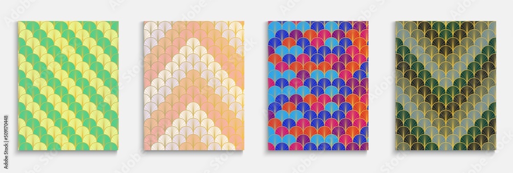 Chinese Golden Fan Simple Cover Set. Halftone Stripes Template. Asian Ethnic Poster Set. Traditional Geometric Design. Bright Color Vintage A4 Print. Trendy Dynamic Retro Fabric Backgroud.