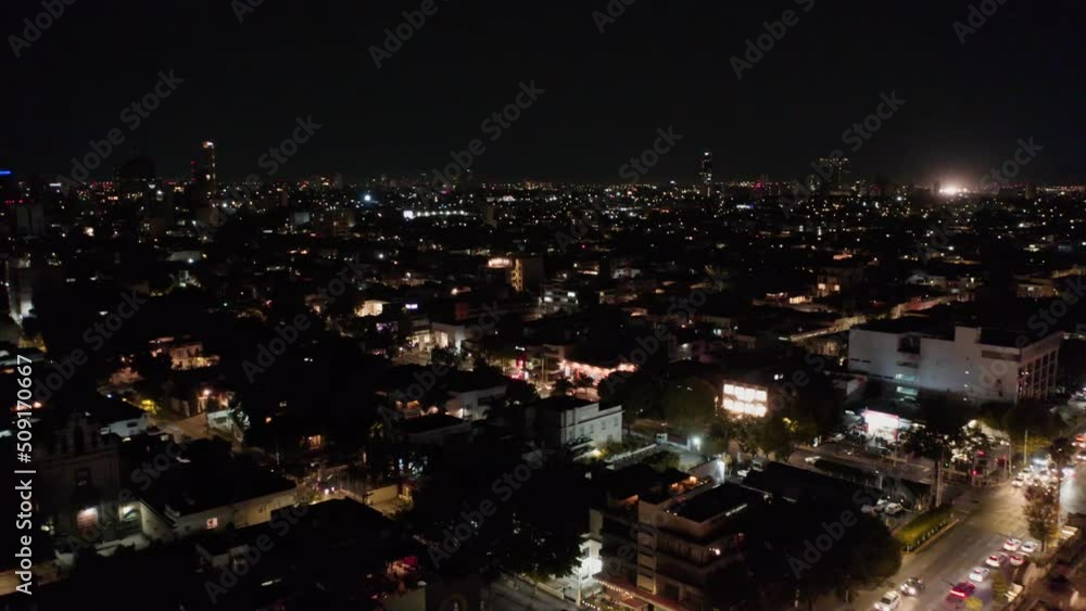 Aerial Pullback Reveals Expiatory Cathedral in Guadalajara, Mexico. Nighttime Aerial Pullback Reveals Expiatory Cathedral in Guadalajara, Mexico. Nighttime