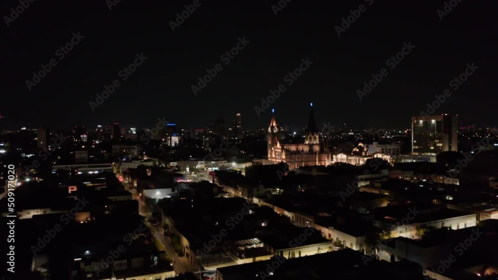 Drone Flies Towards Cathedral in Guadalajara, Mexico at Night Drone Flies Towards Cathedral in Guadalajara, Mexico at Night