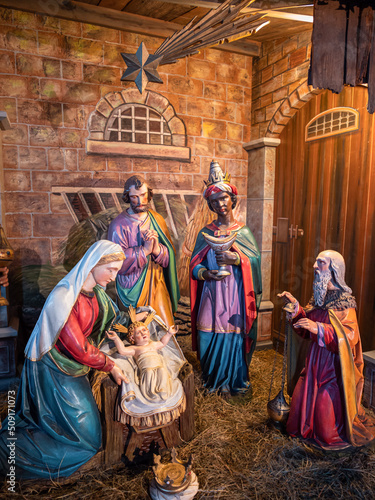 Feldkirch, Austria - January 21, 2022: Christmas nativity scene in the church - symbol of the birth of Jesus