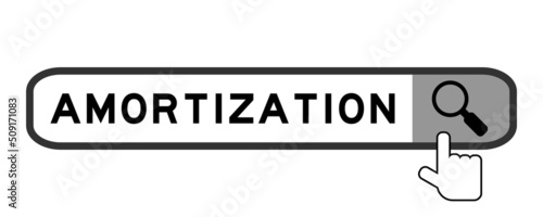 Search banner in word amortization with hand over magnifier icon on white background