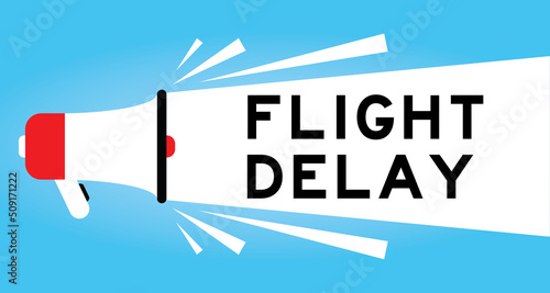 Color megaphone icon with word flight delay in white banner on blue background