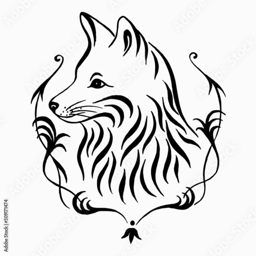 Fox portrait with ornament. Black and white linear drawing. Vector illustration. Calligraphy illustration.