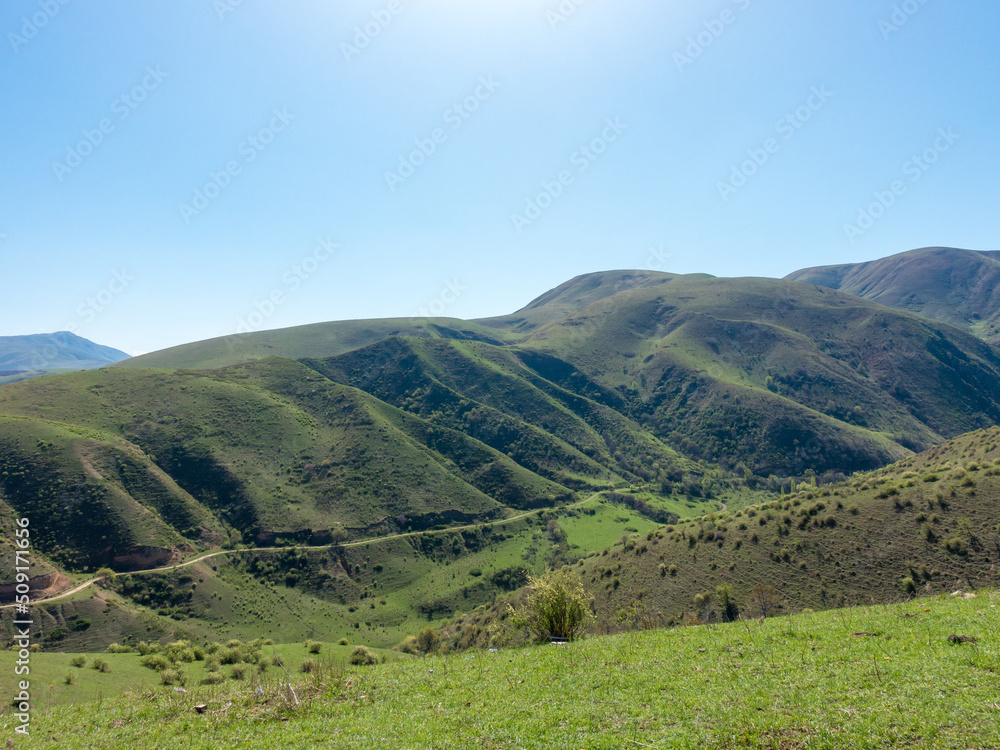 Fototapeta premium Green slopes and blue skies. Kyrgyzstan. tourism and travel