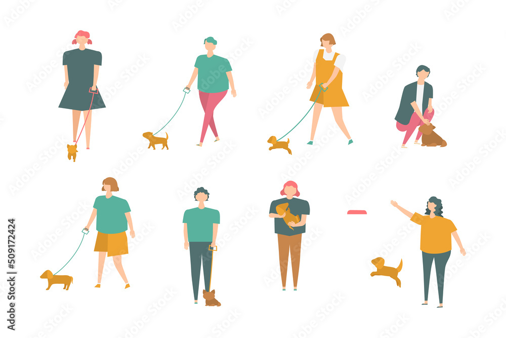 Fototapeta premium 犬を飼っている人々のイラストセット