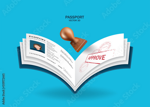 blue cover passport open and has been stamped as approved For designing about cross-country travel and tourism advertising materials,vector 3d virtual isolated  on blue background