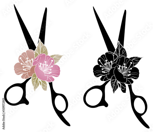 Floral Hair Stylist, Hairdresser, Hairdresser Scissors, Hair Salon, Floral scissors design black and colors style