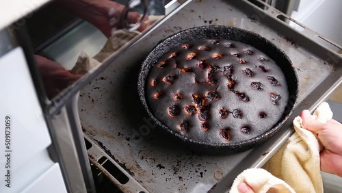 Burnt pie in the oven.
