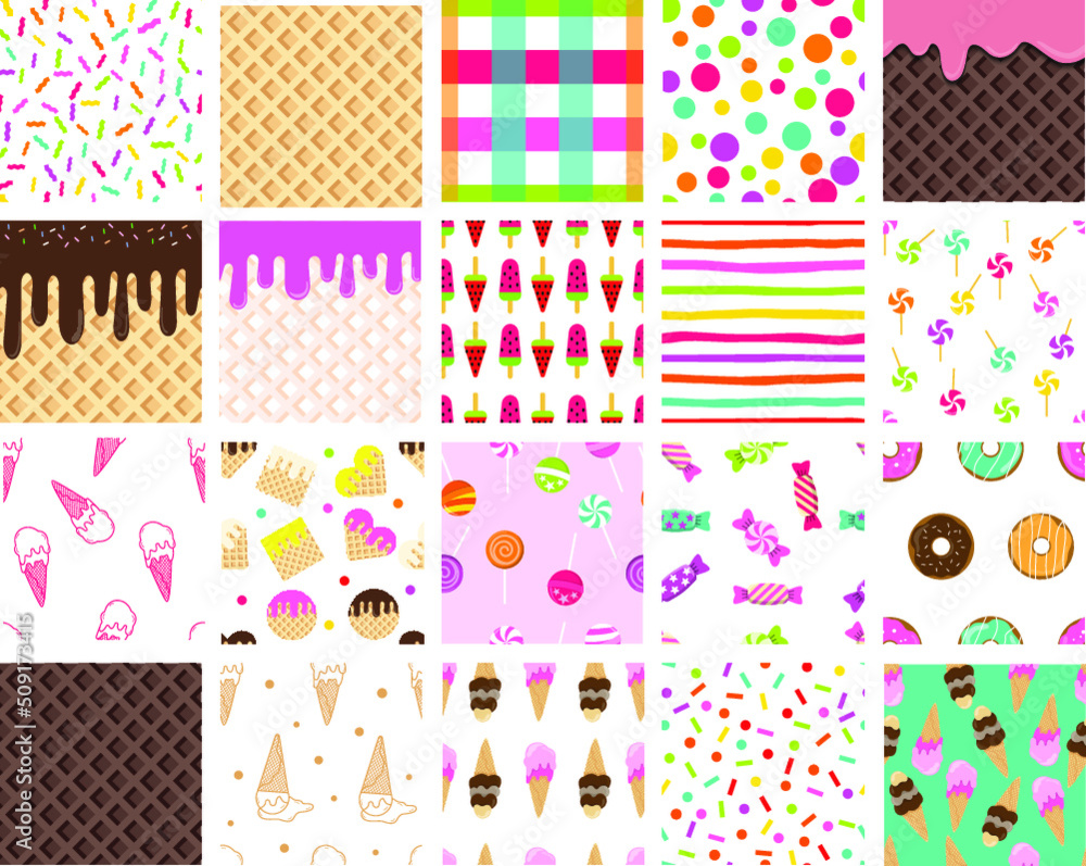 Big set Ice cream,candy seamless pattern,with
with colorful cute candy sprinkles long border,
 banner seamless pattern,
cartoon style. vector illustration

