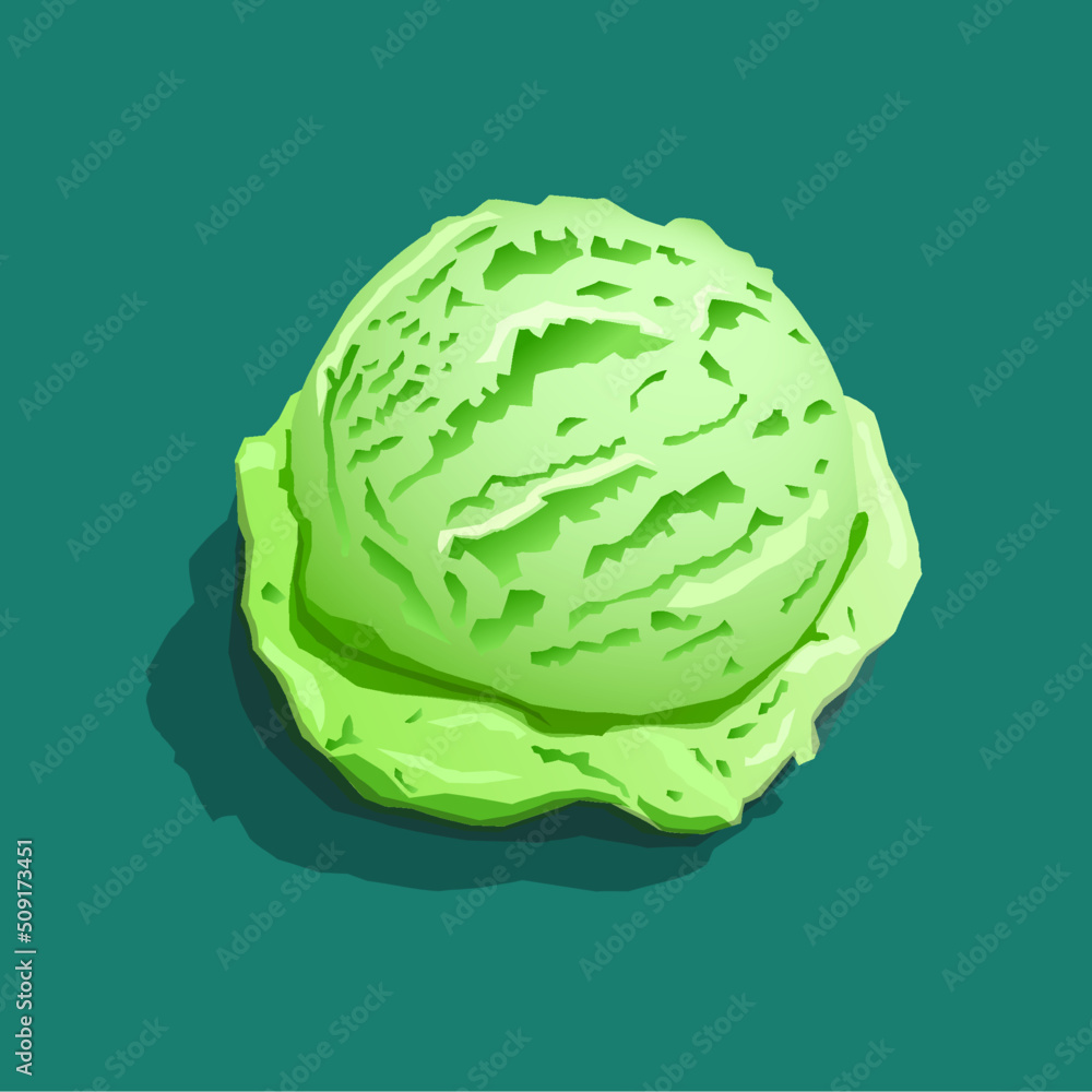 Delicious pistachio flavor ice cream scoop or ball close-up isolated on teal background with shadow. Summer minimalism. Delicious pistachio flavor ice cream scoop or ball close-up isolated on teal background with shadow. Summer minimalism.