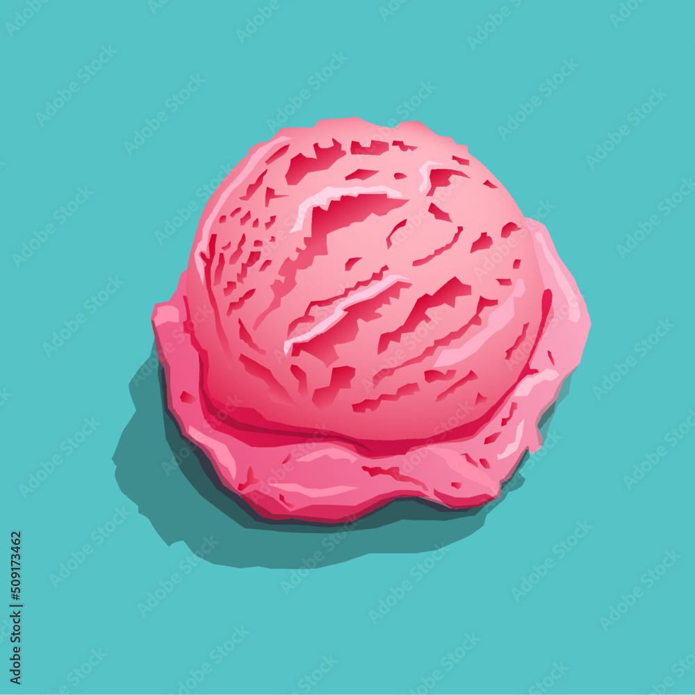 Delicious strawberry flavor ice cream scoop or ball close-up isolated on cyan background with shadow. Summer minimalism. Delicious strawberry flavor ice cream scoop or ball close-up isolated on cyan background with shadow. Summer minimalism.