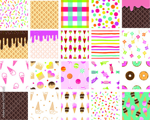 Big set Ice cream,candy seamless pattern,with
with colorful cute candy sprinkles long border,
 banner seamless pattern,
cartoon style. vector illustration

