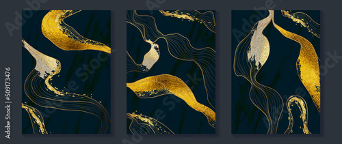 Set of abstract golden wall art template. Line art, lines, curved and wavy line, gold foil texture. Collection of luxury landscape wall decoration perfect for decorative, interior, prints, banner.