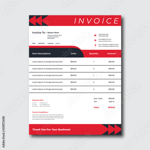 Creative and minimal corporate Business Invoice Design Template. Design For Invoice, Letterhead, Order form, Receipt, Proforma. , Bill form business invoice. Business Stationery Design.