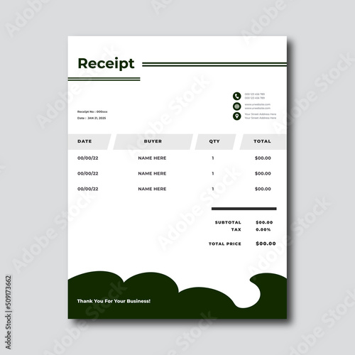 Creative and Minimal Business Receipt Design Template. Design For Invoice, Letterhead, Order form, Receipt, Proforma. , Bill form business invoice. Business Stationery Design.