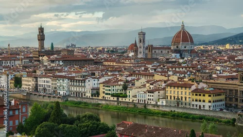 Florence Seen From Michelangelo Square. Time Lapsed View Of The City Skyline With Landmark Buildings At Dusk Over The Arno River. Cathedral of Santa Maria del Fiore, Basilica of the Holy Cross. Italy
 photo
