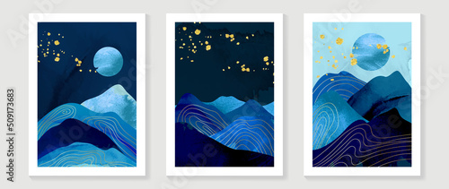 Set of abstract mountain wall art template. Sun, moon, hills, blue watercolor, gold foil texture. Collection of luxury landscape wall decoration perfect for decorative, interior, prints, banner.