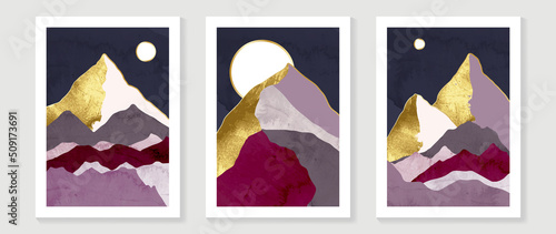 Set of abstract mountain wall art template. Sun, moon, hills, lines, watercolor, gold foil texture. Collection of luxury landscape wall decoration perfect for decorative, interior, prints, banner.