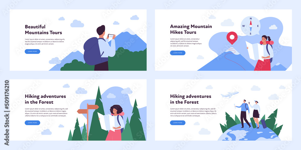 Travel and nature tourism concept collection. Vector flat illustration. Banner template set. Male and female tourist with backpack on hiking trip with mountain and forest background.