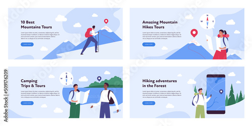 Travel and nature tourism concept collection. Vector flat illustration. Banner template set. Male and female tourist with backpack on hiking climbing trip. Mountain with route and pin destination sign