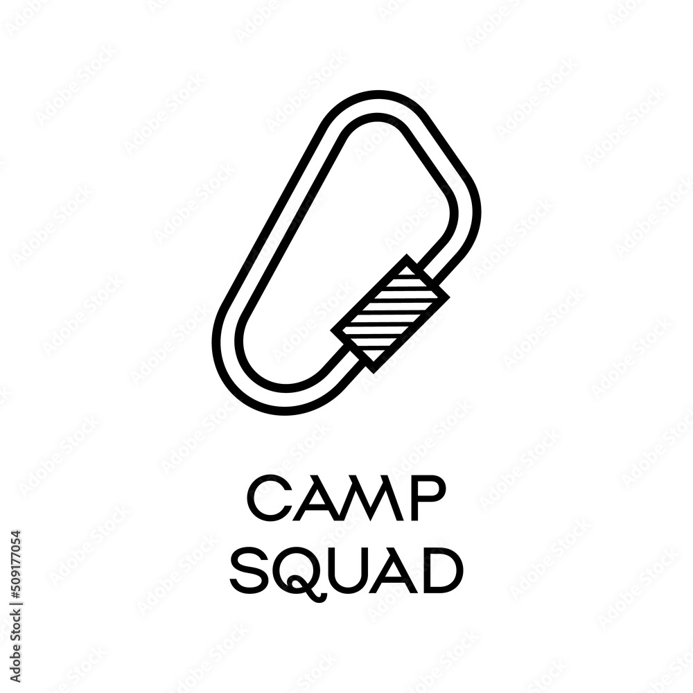 Vector icon of carabiner and Camp Squad text on white background Vector icon of carabiner and Camp Squad text on white background