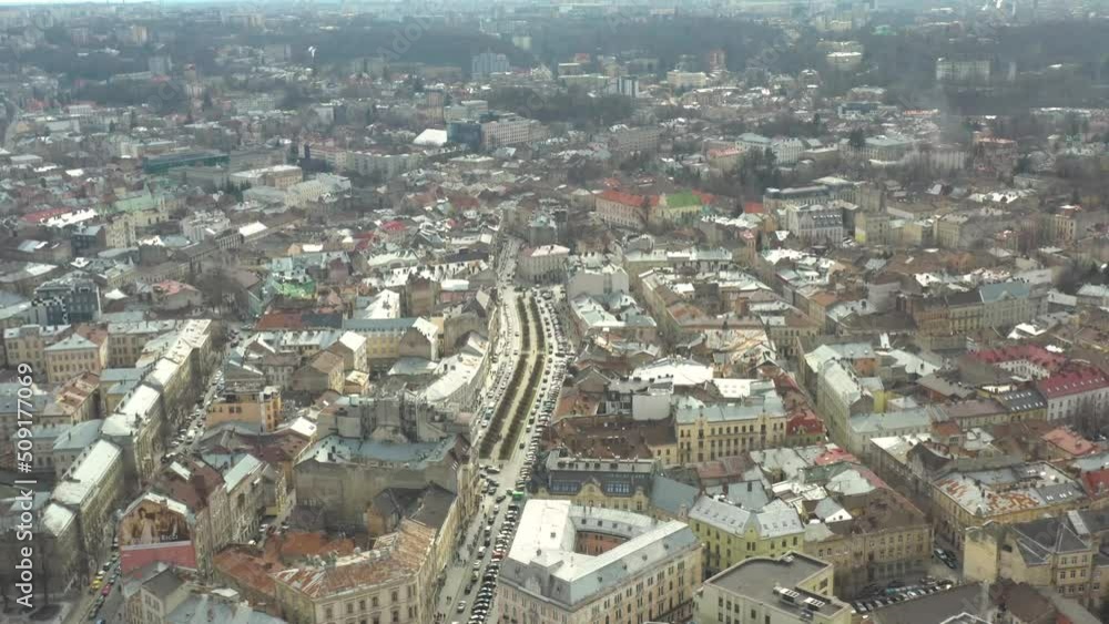 Aerial Flying Over Lviv City Centre. Dolly Forward, Tilt Up Aerial Flying Over Lviv City Centre. Dolly Forward, Tilt Up