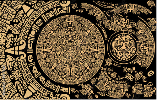 Ancient Mayan Calendar. Abstract design with an ancient Mayan ornament. Images of characters of ancient American Indians.The Aztecs, Mayans, Incas. Mayan calendar.the Mayan alphabet.