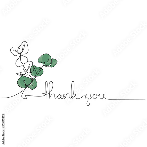 Thank You card with eucalyptus branch in continuous one line drawing. Minimalistic card text template.