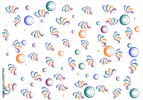 Estampado de cuatro colores, naranja, verde, morado o violeta y azul con círculos concéntricos y formas de mejillones