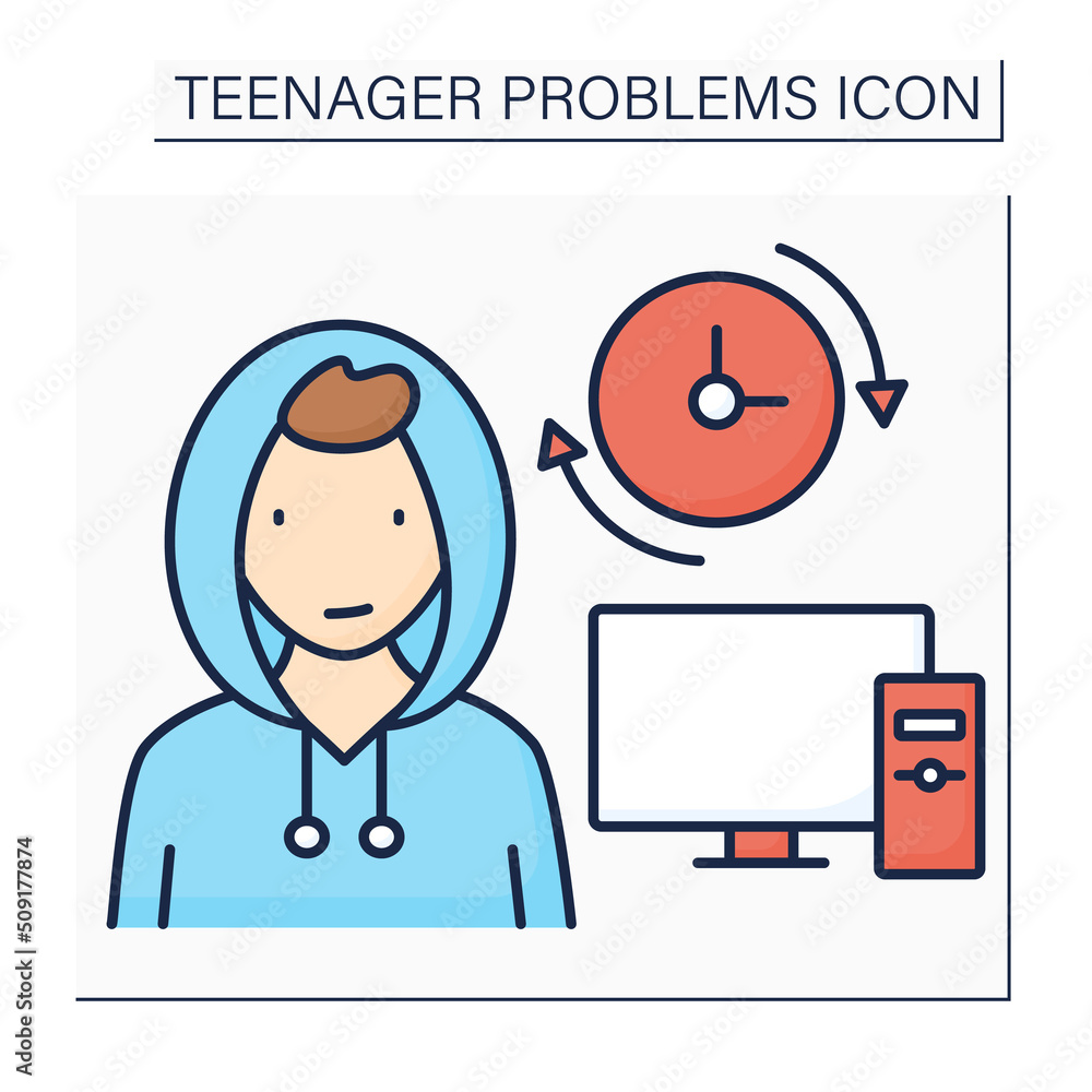 Teenage problem color icon.Spend a lot of time at computer. Avoid real ...