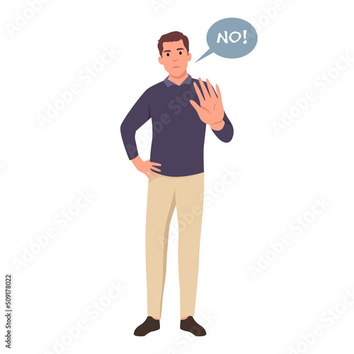 Young smiling man cartoon character wave hand making no sign or stop sign, business concept in saying no, stop, or disagreement. . Flat vector illustration isolated on white background